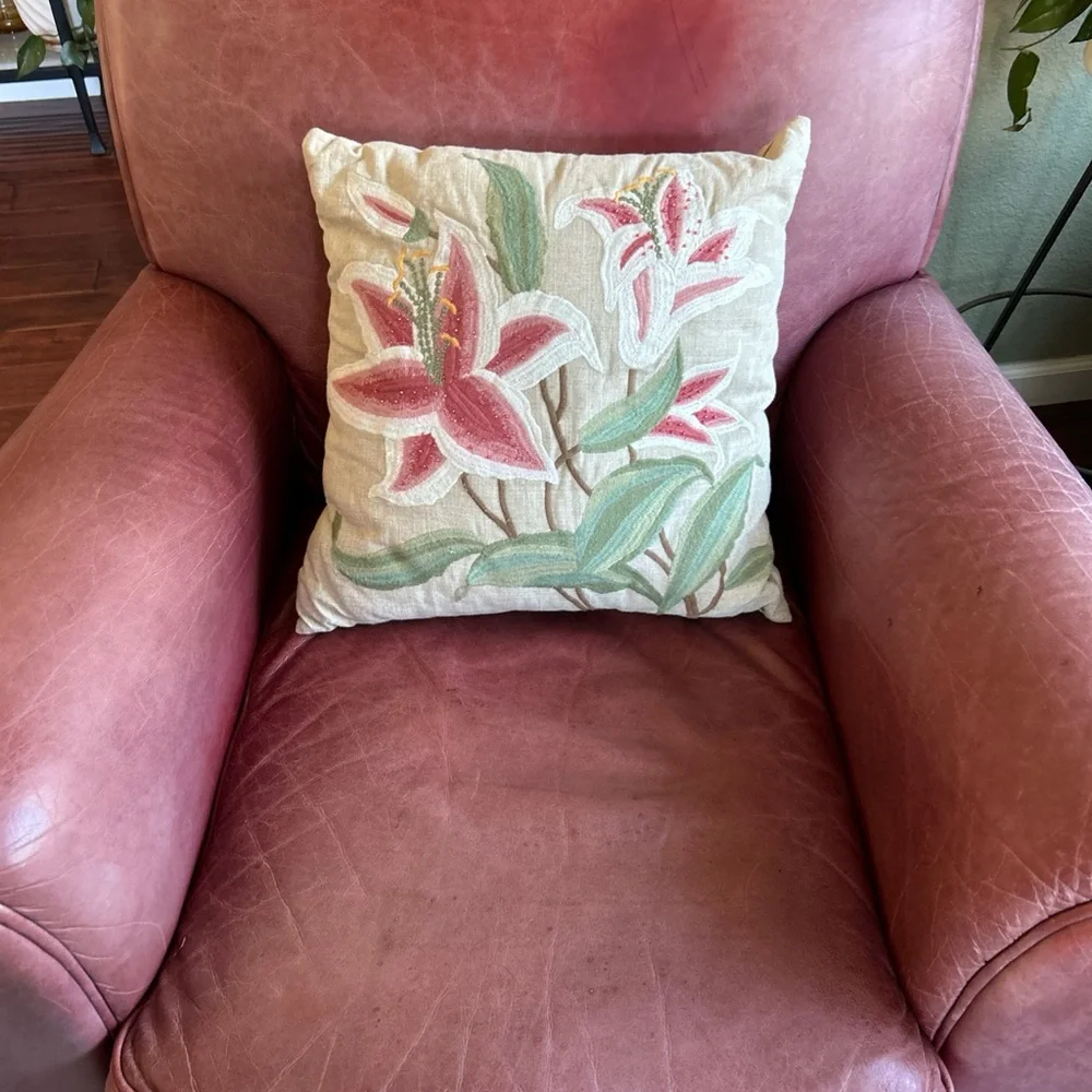 Pier One Floral Embroidered Lily Throw Pillow New Never Used